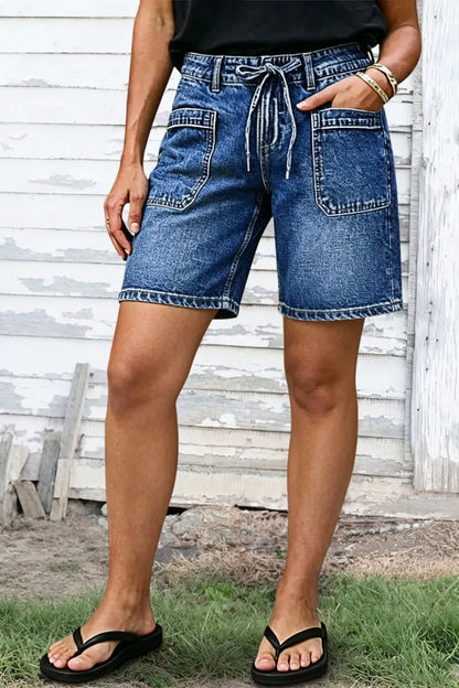 Wash Patch Pocket Drawstring High Rise Mid Thigh Denim Shorts