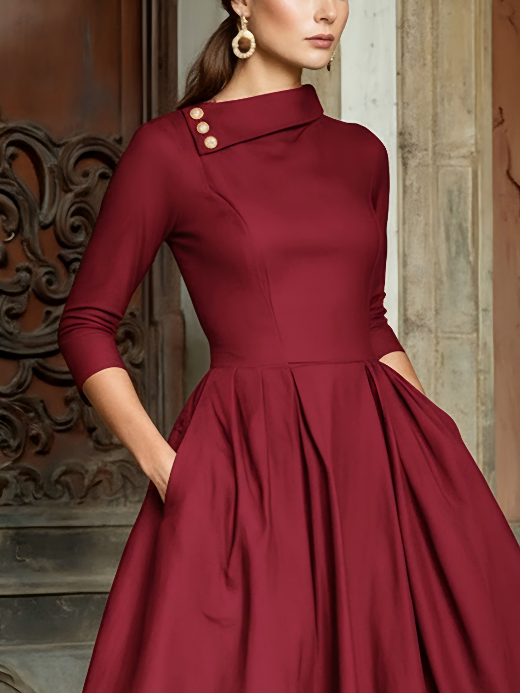 Robe midi en coton, demi-manches, col châle, unie, poches, vintage, noire