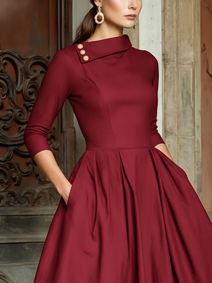 Robe midi en coton, demi-manches, col châle, unie, poches, vintage, noire