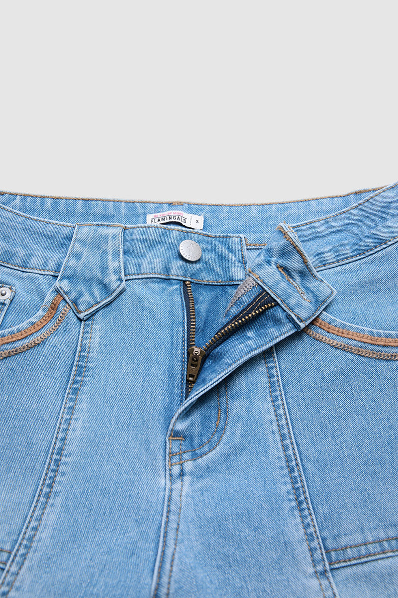 Stitch Detail Mid Waist Wide Leg Jeans Without Belt