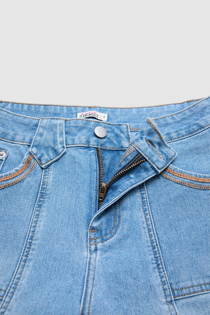 Stitch Detail Mid Waist Wide Leg Jeans Without Belt