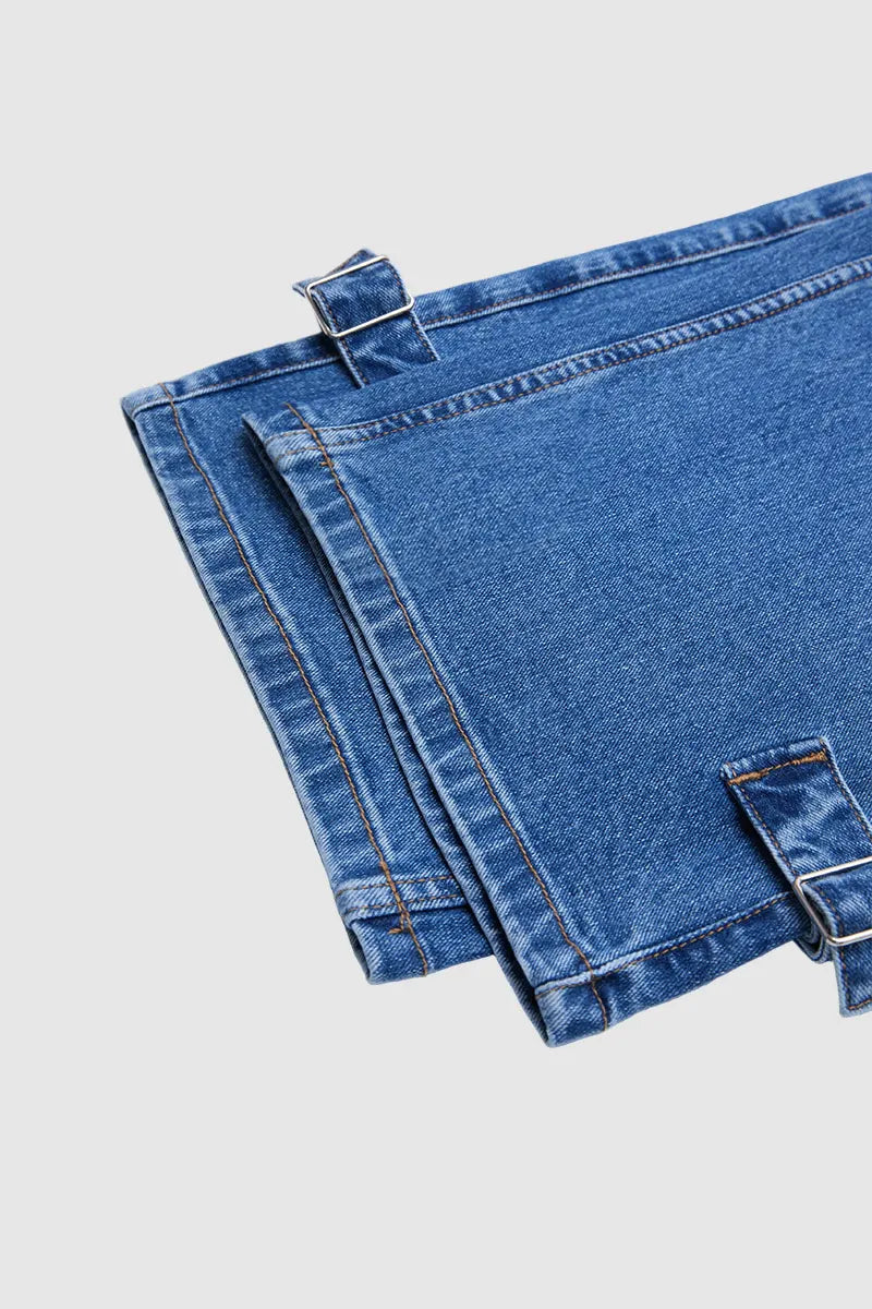 Wash Buckle Hem Mid Rise Wide Leg Crop Jeans