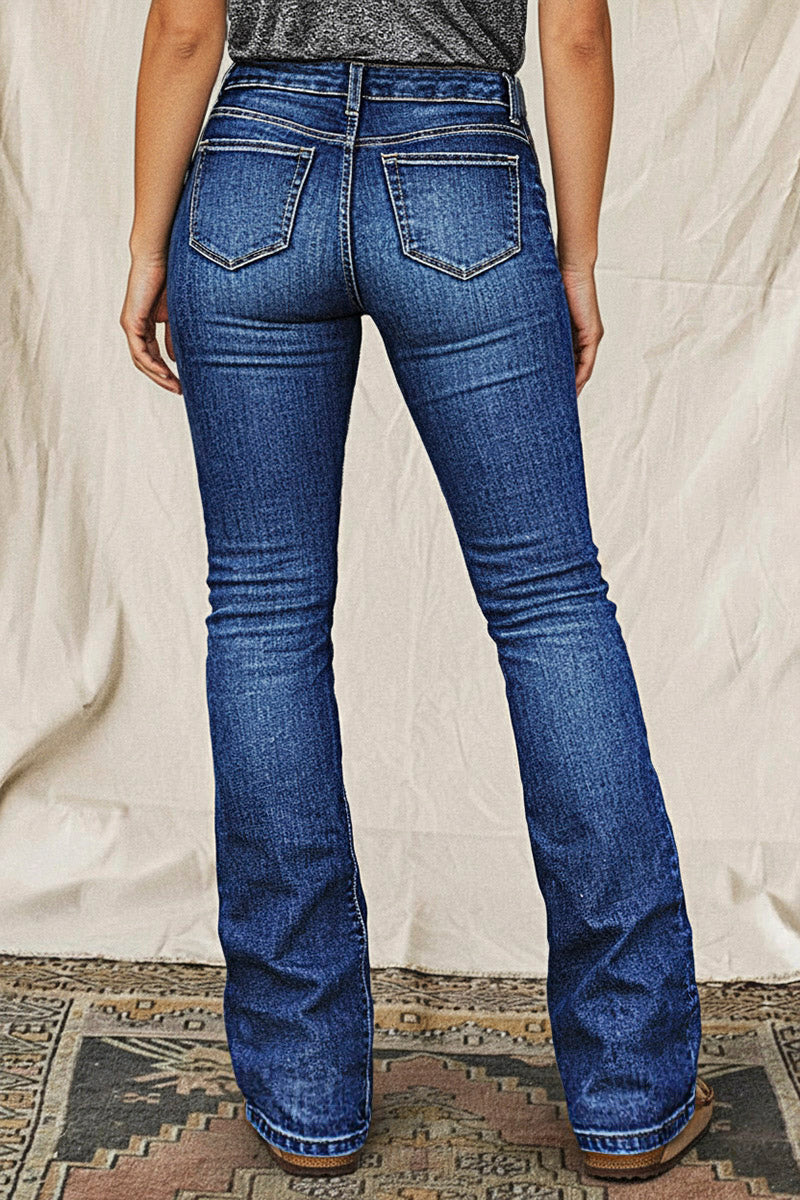 Wash Sailor Button Patch Pocket Mid Rise Bootcut Jeans