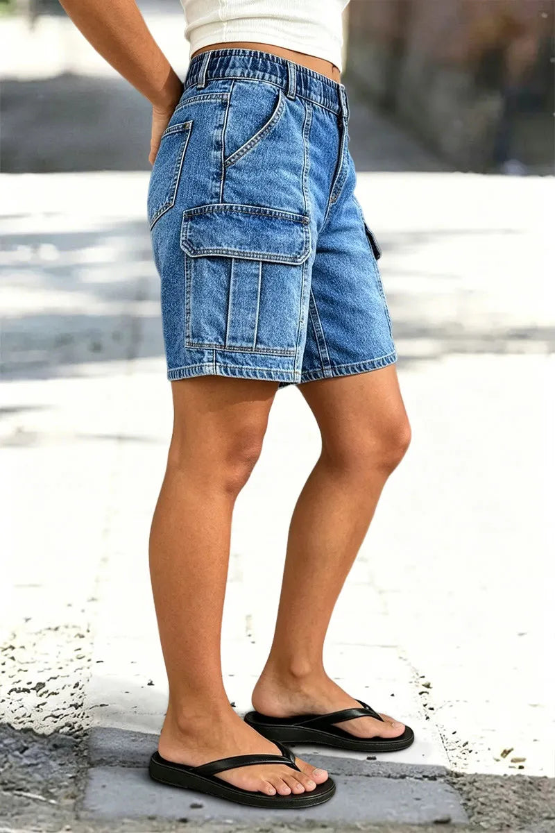 Wash Flap Pocket Seam Front Elastic Mid Rise Mid Thigh Denim Shorts