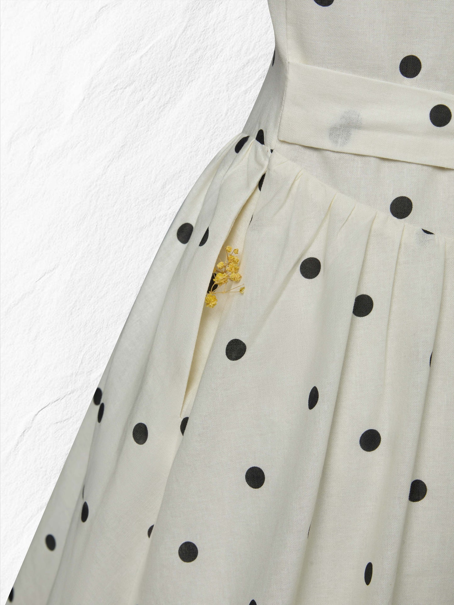 Robe longue en lin, manches courtes, col châle, pois, esprit vintage français, blanc cassé