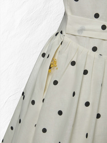 Robe longue en lin, manches courtes, col châle, pois, esprit vintage français, blanc cassé