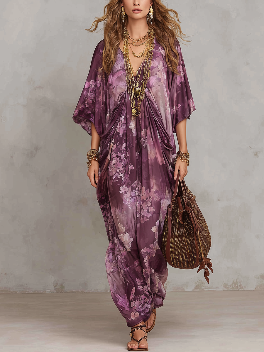 Robe longue bohème vintage fleurie violette