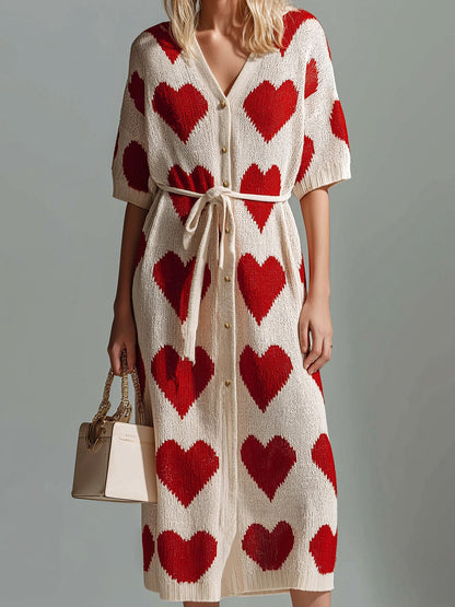 Chic Elegant Red-Beige Heart Pattern V-Neck Single-Breasted Short-Sleeve Loose-Fit Tie-Waist Knit Midi Dress