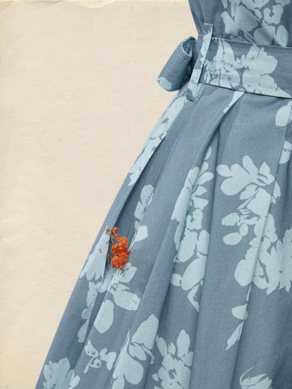 Robe midi en lin, manches courtes, col châle, florale, boutonnée, vintage, bleue