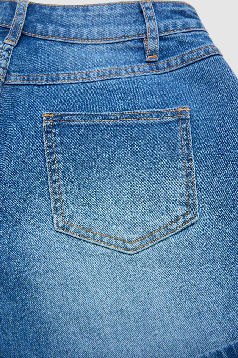 Wash Roll Hem Patch Pocket High Rise Denim Shorts
