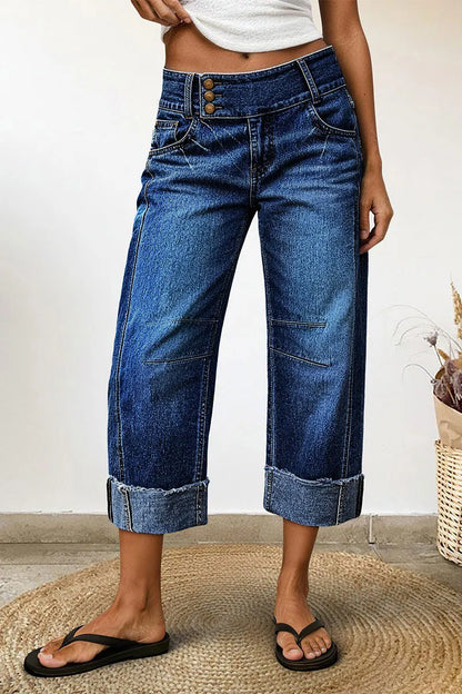 Wash Roll Hem Button Up Mid Rise Barrel Leg Crop Jeans