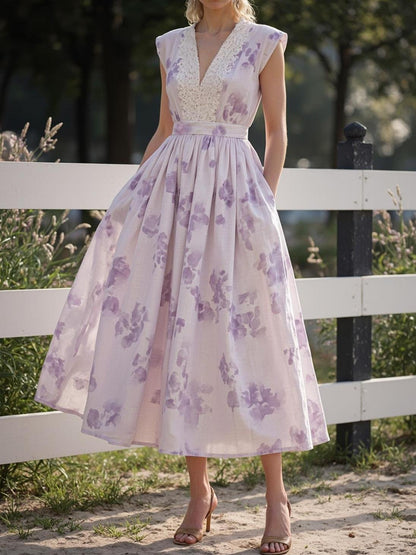 Robe longue en lin, col en V, style cottagecore, mélange de lin, violet