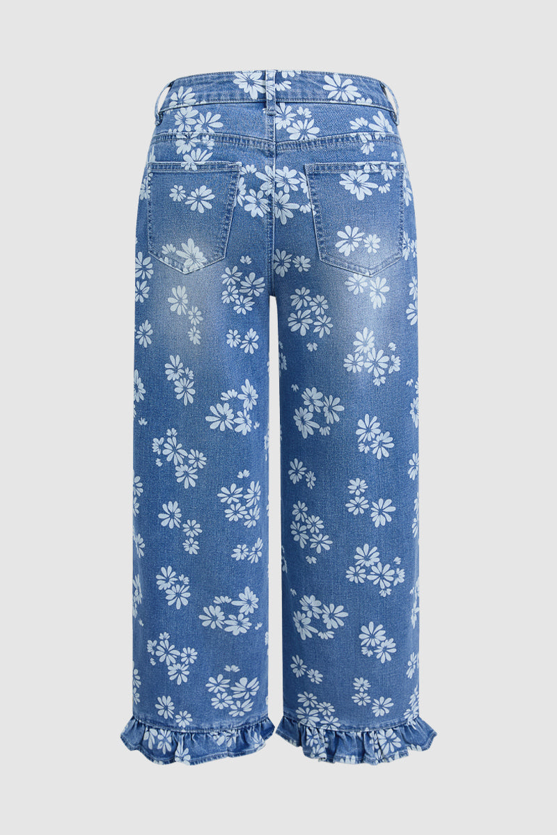 Floral Pattern Ruffle Stitch Detail Mid Waist Wide Leg Crop Jeans