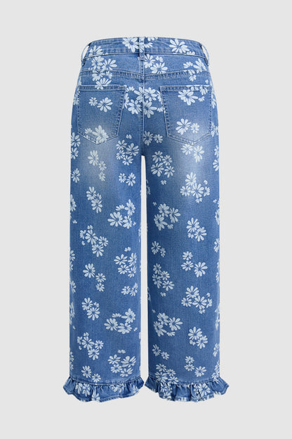 Floral Pattern Ruffle Stitch Detail Mid Waist Wide Leg Crop Jeans