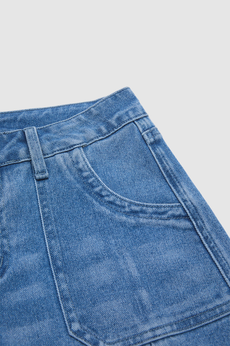 Wash Pocket Side Mid Waist Barrel Leg Capri Jeans Without Belt