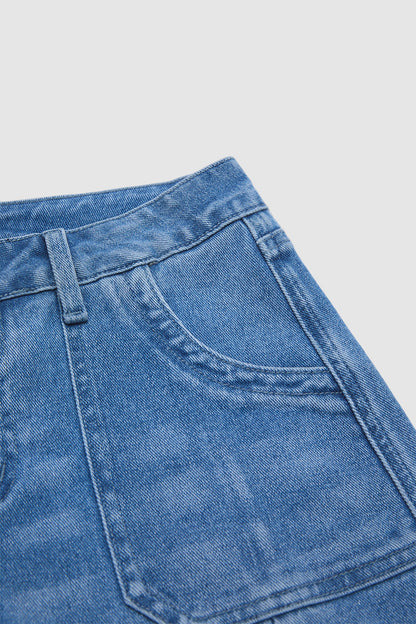 Wash Pocket Side Mid Waist Barrel Leg Capri Jeans Without Belt
