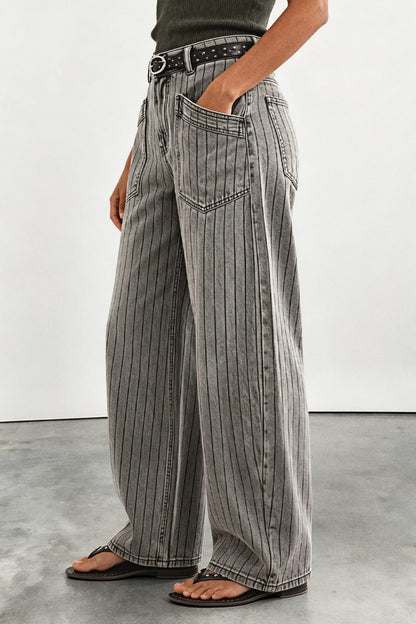 Striped Patch Pocket Mid Waist Wide Leg Pants Without Belt