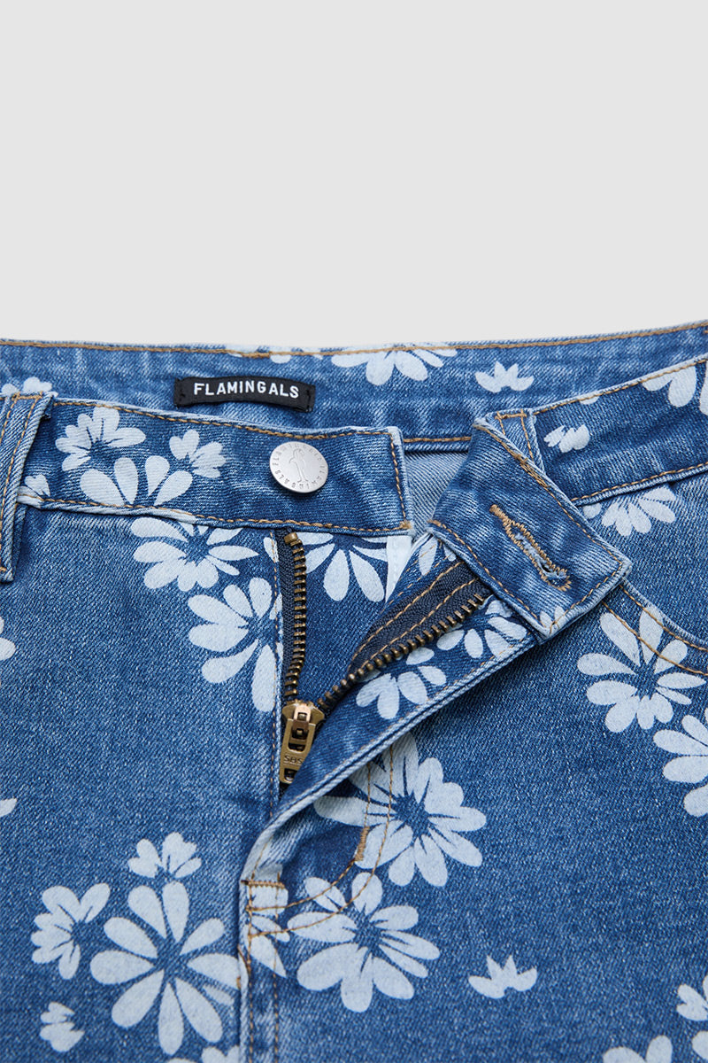 Floral Print Stitch Front Ruffle Hem Mid Rise Denim Shorts