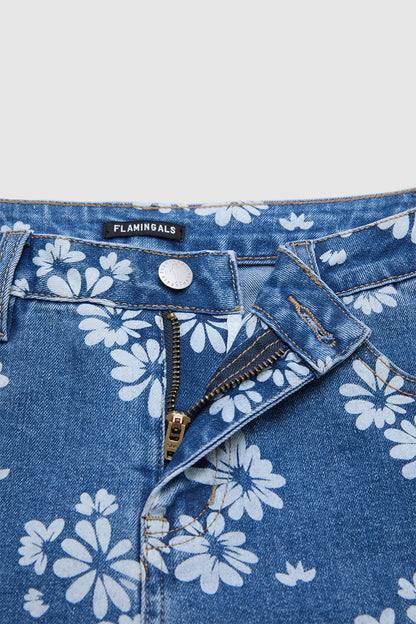 Floral Print Stitch Front Ruffle Hem Mid Rise Denim Shorts