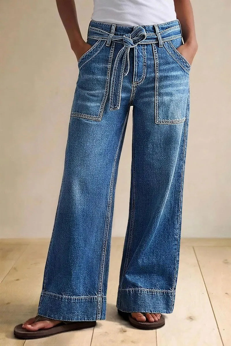 Wash Tie Belt Stitch Detail Mid Waist Wide Leg Jeans