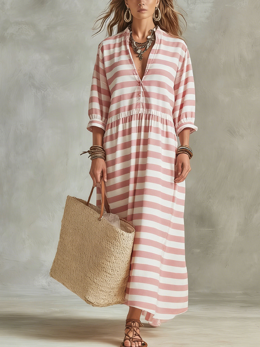 Robe longue style bohème rayée rose pâle