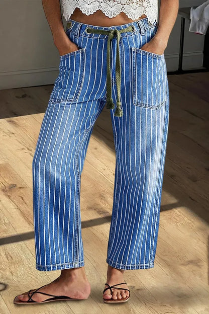 Pinstripe Drawstring Patched Pocket High Waist Straight Leg Crop Jeans