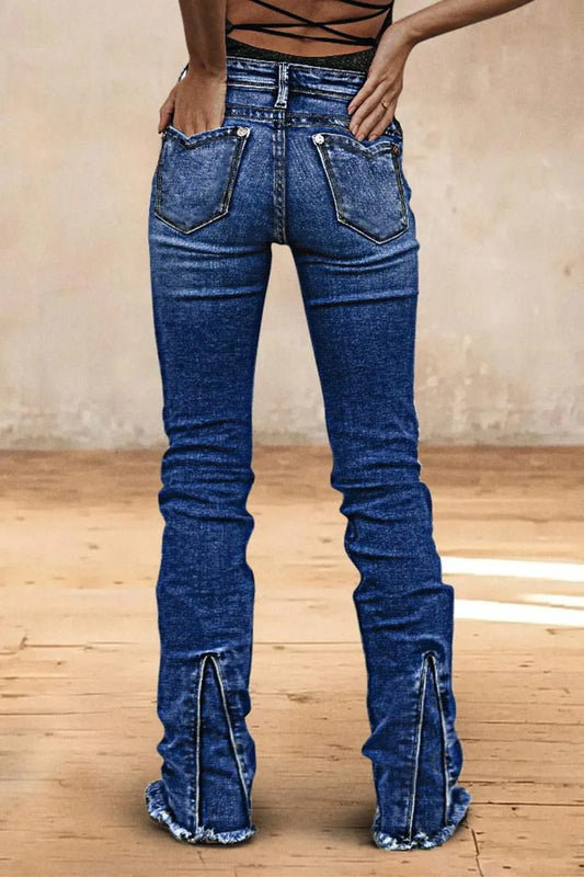 Wash Raw Hem V Cut Pocket Mid Rise Bootcut Jeans
