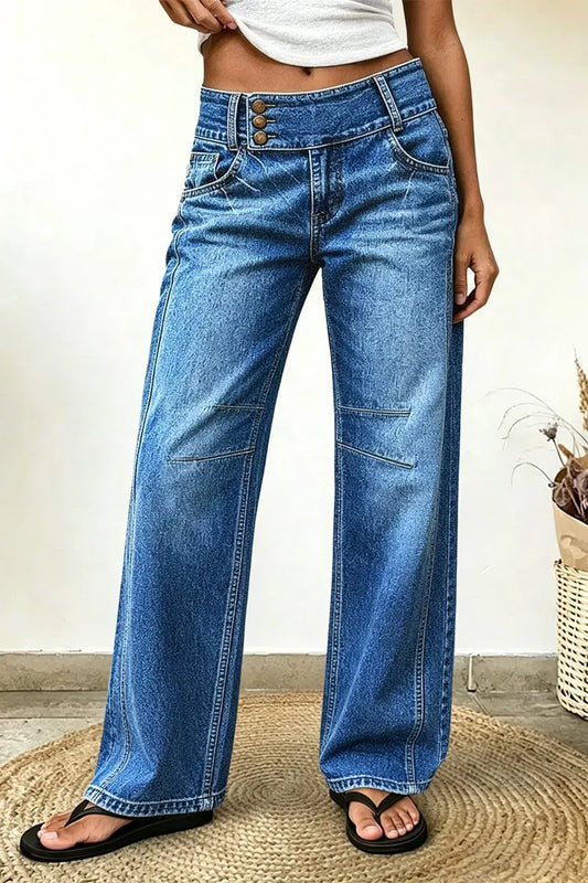 Asymmetrical Button Decor Stitch Decor Mid Waist Straight Leg Jeans