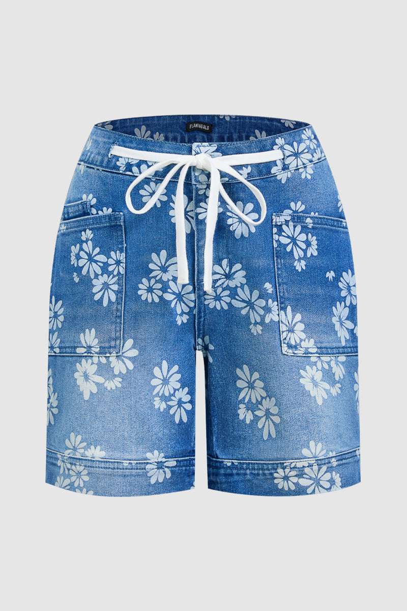 Floral Print Patch Pocket Drawstring Mid Rise Mid Thigh Denim Shorts