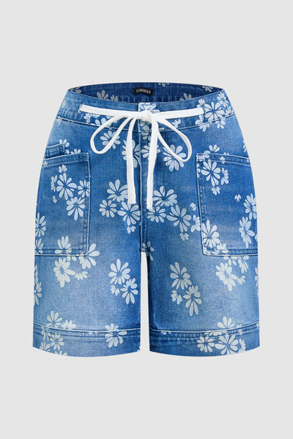Floral Print Patch Pocket Drawstring Mid Rise Mid Thigh Denim Shorts