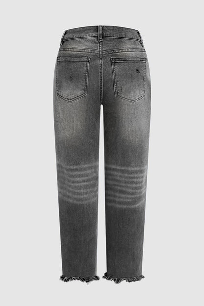 Wash Ripped Raw Hem Mid Waist Straight Leg Crop Jeans
