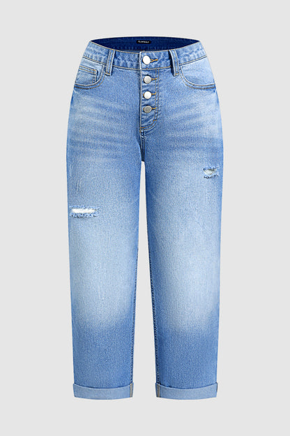 Wash Ripped Roll Hem Button Fly Mid Rise Straight Leg Crop Jeans