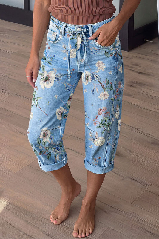 Floral Pattern Drawstring Stitch Detail Mid Waist Barrel Leg Capri Jeans