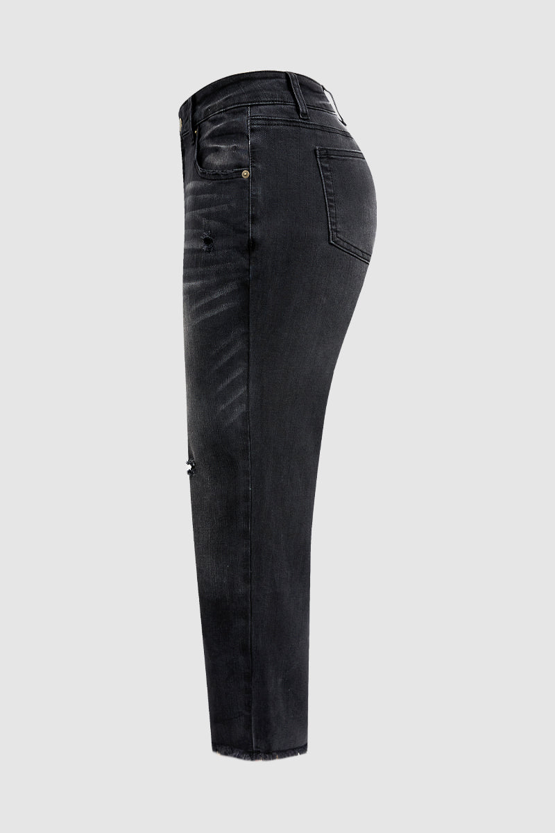 Wash Ripped Raw Hem Mid Rise Straight Leg Crop Jeans