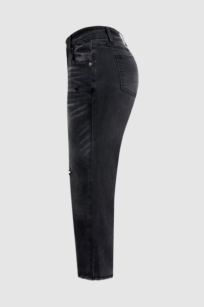 Wash Ripped Raw Hem Mid Rise Straight Leg Crop Jeans