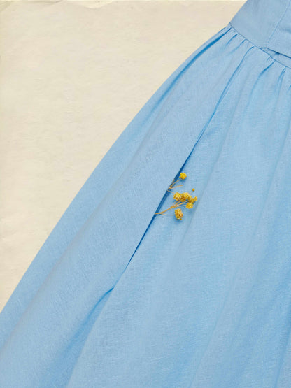 Robe longue en lin, manches courtes, col en V, unie, boutonnée, vintage, bleue