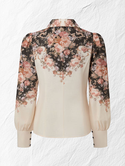 Chemise en coton, Manches longues, Col châle, Florale, Boutons, Vacances, Vintage, Abricot