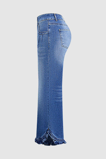 Ruffle Split Hem Pleated Mid Waist Wide Leg Jeans Without Belt