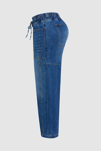 Drawstring Patched Pocket High Waist Barrel Leg Crop Jeans