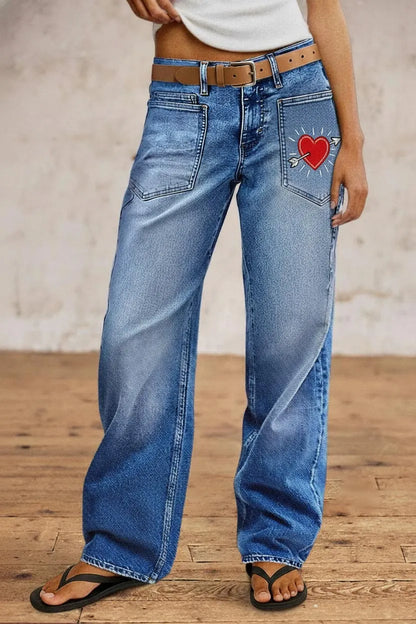 Valentine's Day Pattern Embroidered Patch Pocket Mid Rise Straight Leg Jeans Without Belt