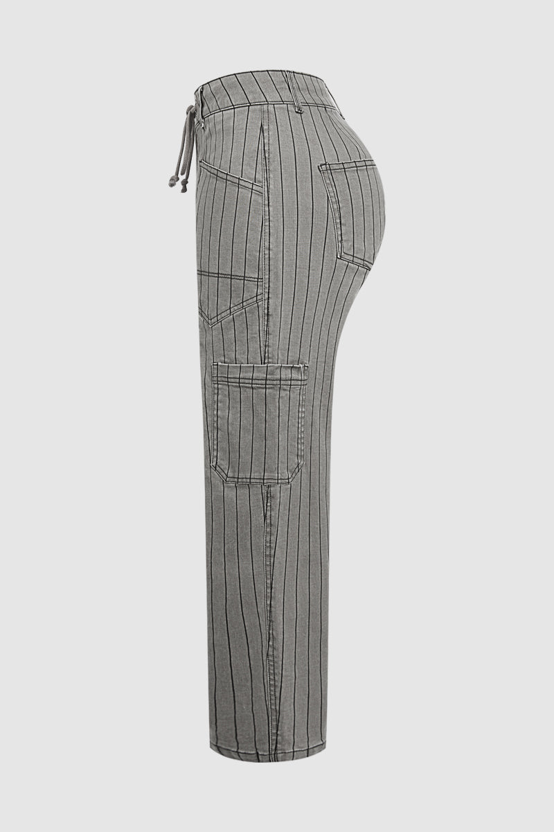 Pinstriped Drawstring Side Pocket High Waist Straight Leg Cropped Pants