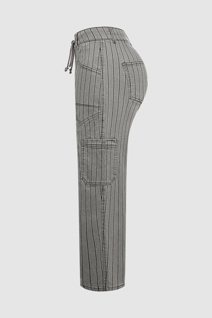 Pinstriped Drawstring Side Pocket High Waist Straight Leg Cropped Pants