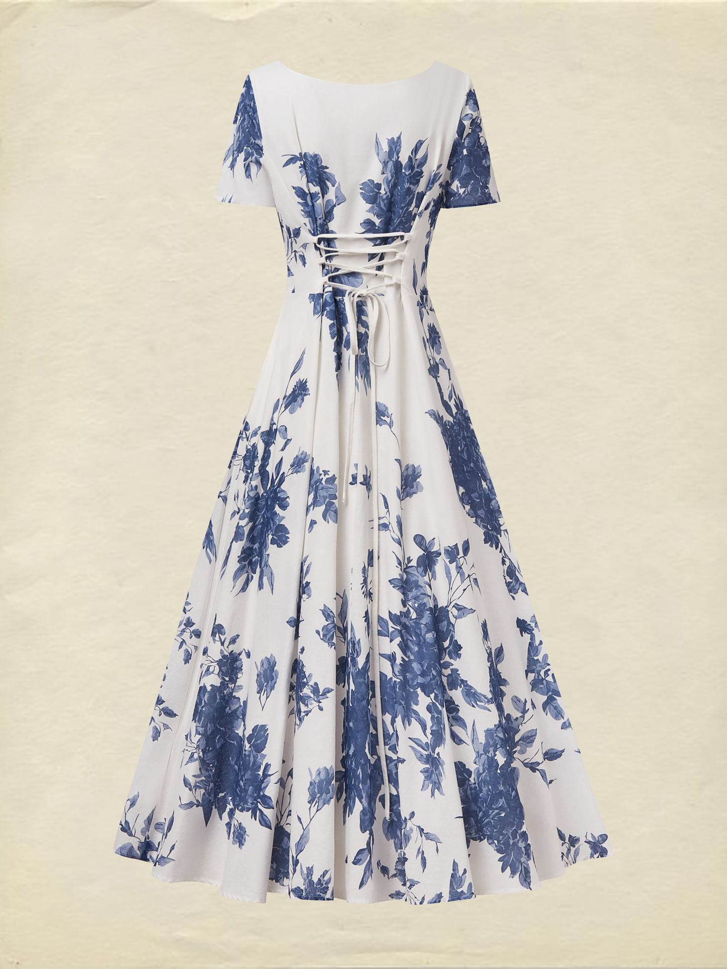 Robe longue en lin, Manches courtes, Encolure carrée, Imprimé floral, Vacances, Style vintage français, Bleu