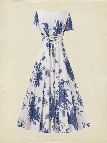Robe longue en lin, Manches courtes, Encolure carrée, Imprimé floral, Vacances, Style vintage français, Bleu