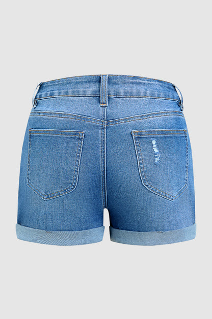 Wash Ripped Roll Hem Drawstring Mid Rise Denim Shorts