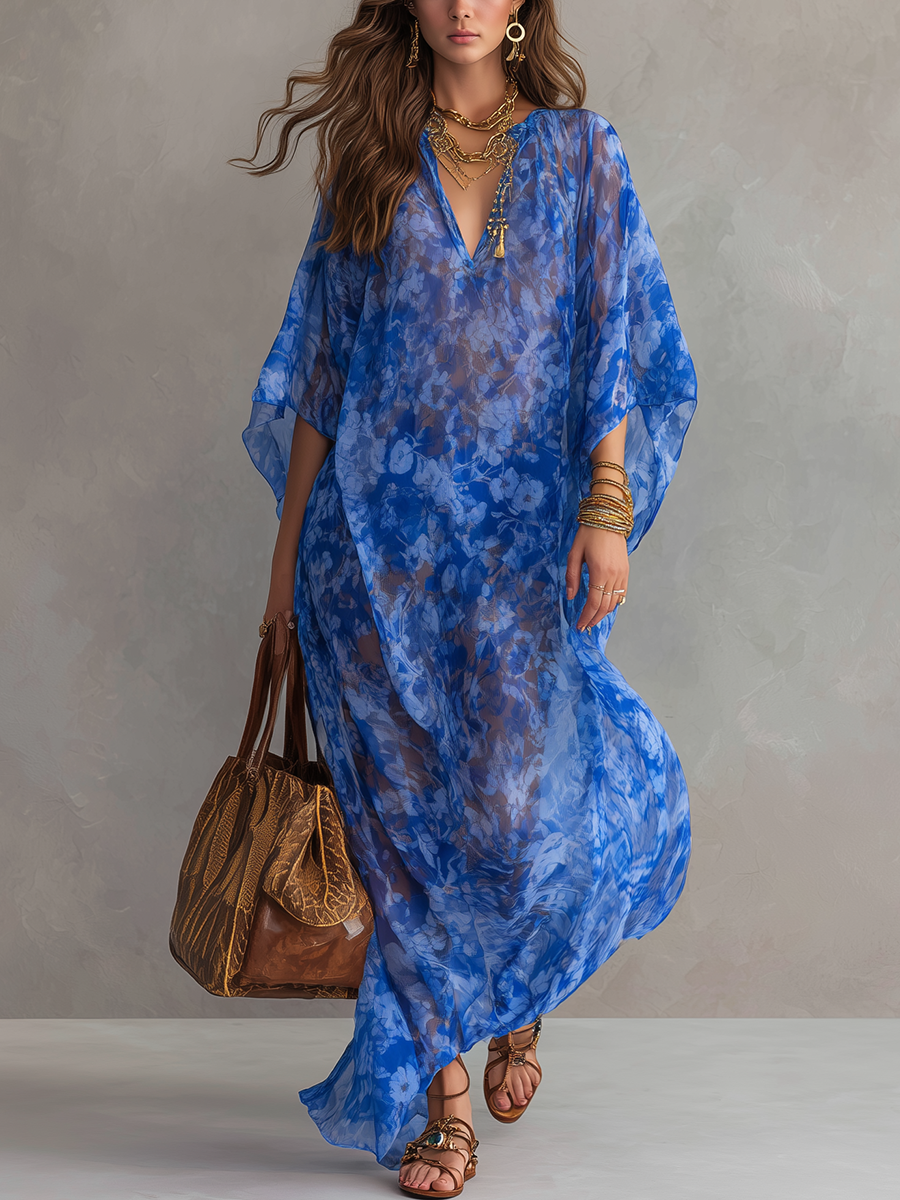 Robe longue fluide style bohème à imprimé floral bleu