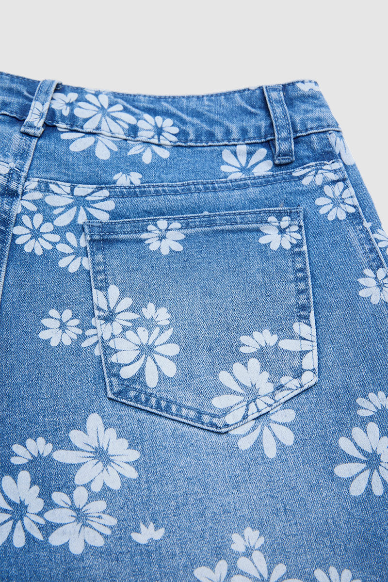 Wash Floral Print Ruffle Split Hem Mid Rise Wide Leg Jeans