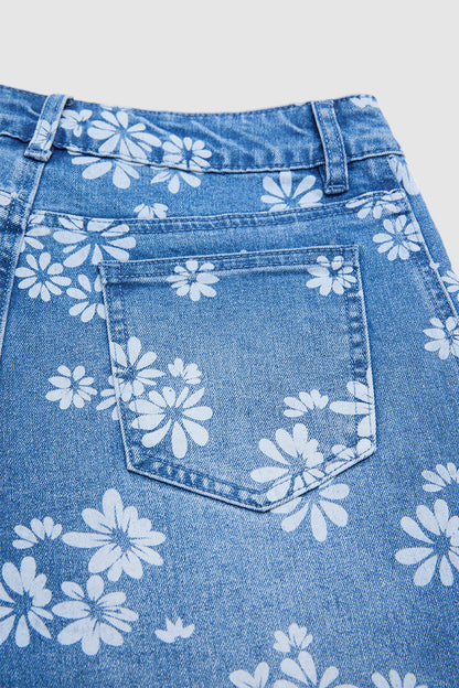 Wash Floral Print Ruffle Split Hem Mid Rise Wide Leg Jeans