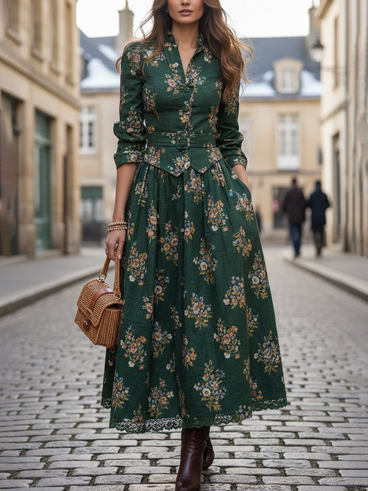 Jupe longue en lin, motif floral, poches, style vintage, verte