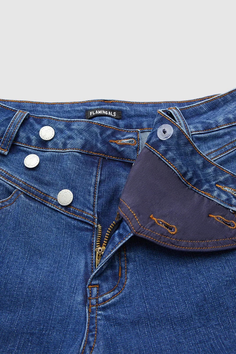 Wash Stitch Detail Button Up High Rise Bootcut Jeans